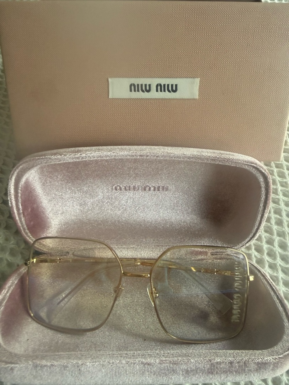 Miu Miu Gold Square Metal Sunglasses with Pink Case
